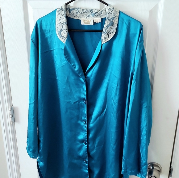 Vintage Victoria Secret Teal Satin Pajama Shirt/Tunic with Lace Collar - Picture 2 of 5